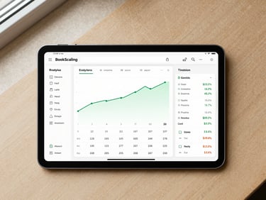 A high-contrast interface screenshot of the BookScaling analytics tab, showcasing clean tabular data, green trend lines, and clear click-through rates for multiple retail platforms, presented on a warm paper background.