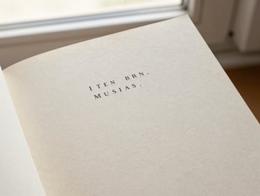 Close-up shot of a physical book cover with minimalist typography resting on textured cream paper, natural window light