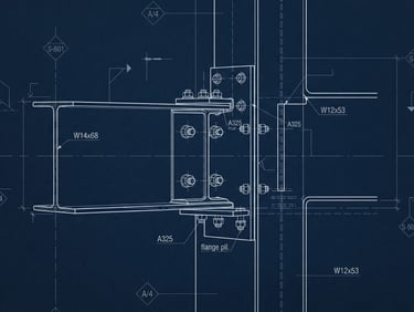Detailed structural drawing of a steel beam connection, crisp architectural blueprint lines, high-contrast technical drafting style on a dark background