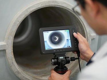 A professional technician using a high-tech video inspection camera screen to look inside a clean sewer pipe, sharp display showing the interior of a PVC pipe.