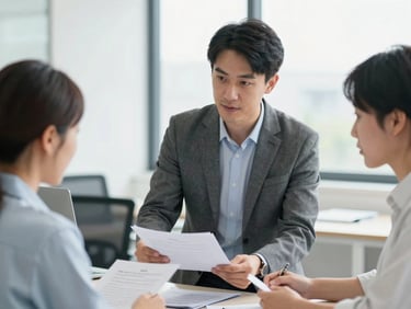 Professional mentor guiding a candidate through documents in a collaborative, bright office setting, natural daylight, medium close-up.