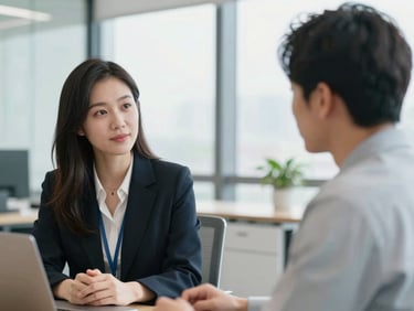 Recruiter actively listening to a candidate in a modern, bright office, natural daylight, medium close-up, authentic interaction.