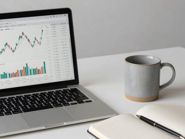 Clean modern desktop workspace with a laptop showing financial charts, a ceramic mug, and a neat notebook under soft natural light.