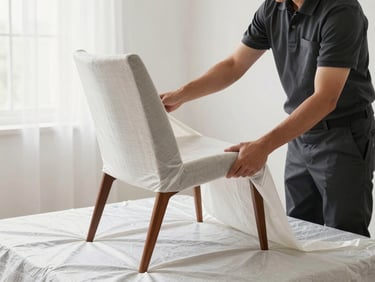 Bright editorial photography of a professional mover in a clean dark uniform carefully wrapping a mid-century modern wooden chair with thick, textured protective fabric, soft morning light, sharp focus.