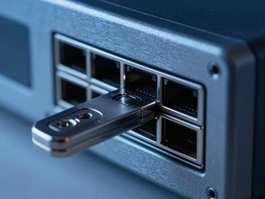 Macro close-up of a secure hardware security key inserted into a brushed metal server port, cool blue ambient light, sharp focus, 35mm photography