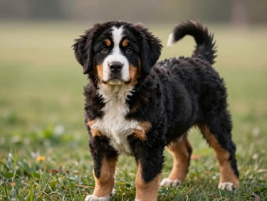 Eye-level medium shot of an athletic Bernese Mountain Dog puppy standing on green grass, glossy tricolor coat, soft morning light