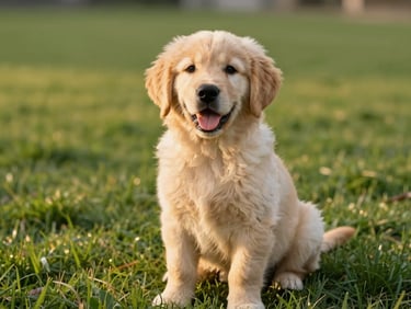 Eye-level medium shot of a Golden Retriever puppy sitting happily on clean, lush green grass during golden hour, clear eyes and healthy coat, soft warm light.