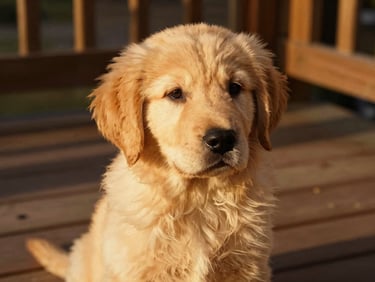 Close-up of a golden retriever puppy sitting on a wooden porch, warm golden hour sunlight highlighting its soft coat and gentle expression