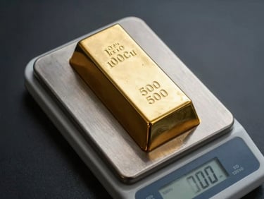 Overhead angled shot of a 500 gram gold bar on a precision scale, cool daylight studio lighting showing weight readout and bar surface texture, dark minimal background