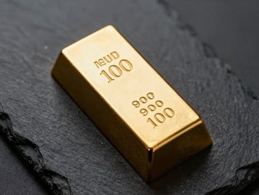 Overhead close-up of a 100 gram gold bar on a dark slate surface, cool studio light revealing stamped serial number and assay mark on the bar face, minimal framing