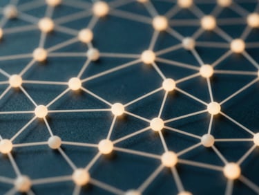 Abstract glowing neural network connecting data points, deep navy and teal tones, elegant editorial photography, soft natural daylight, warm ivory and deep navy tones, subtle golden light leaks, 35mm lens