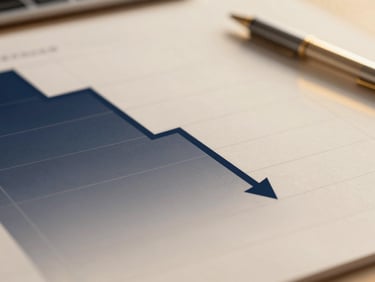 Close-up of a digital graph showing a downward trend, subtle golden light, modern workspace, elegant editorial photography.