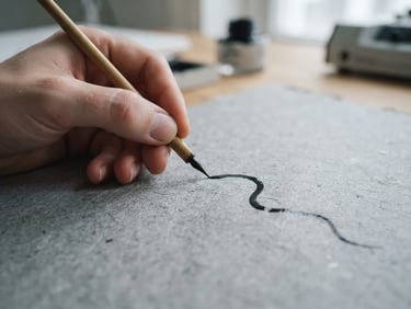 Macro close-up of hands drawing a flowing ink line on textured grey paper in a quiet studio, soft overcast daylight, shallow depth of field, 35mm photography