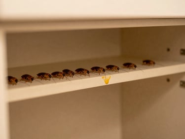Close-up of cockroach droppings and grease smear along the back edge of a kitchen cabinet interior, warm tungsten light, no animals visible, documentary detail shot