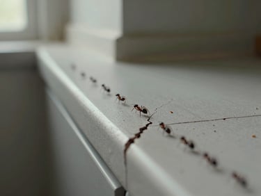 Macro shot of ant trail along a kitchen baseboard crack, daylight from nearby window, small debris and crumbs visible, no people, close documentary framing