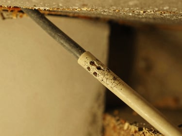 Close-up of rodent gnaw marks on electrical cable insulation inside a wall void, tungsten-warm ambient light, no animals visible, documentary detail