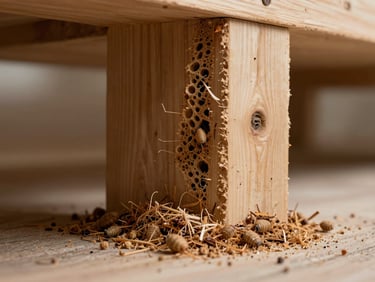 Close-up of wood beam interior showing termite galleries and fine sawdust frass piled at the base, warm interior light, no people, documentary detail shot