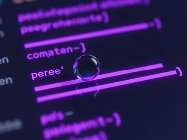 Close-up of clean code on a dark screen, vibrant electric-violet glowing lines, sharp reflections, macro perspective