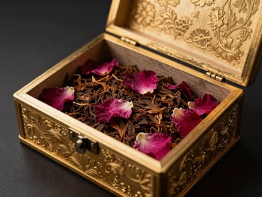 A heavy-weighted gold-embossed lacquered box, half-open, revealing rich dark cured tobacco leaves infused with rose petals inside, side-lit chiaroscuro.