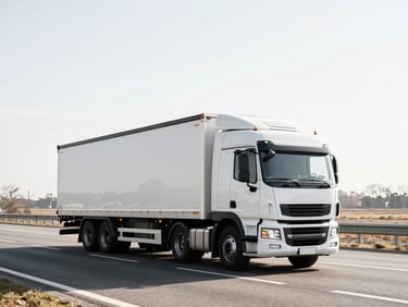 Wide environmental shot of a modern logistics truck driving on a highway during crisp morning sun, high-contrast clean colors.