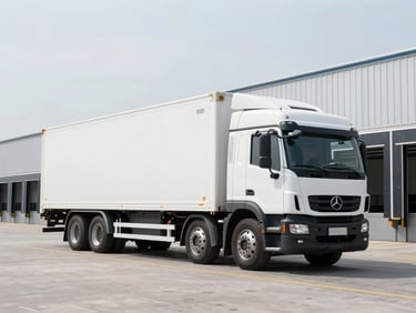 Wide environmental shot of a clean logistics truck parked at a modern warehouse loading dock, bright overcast daylight.