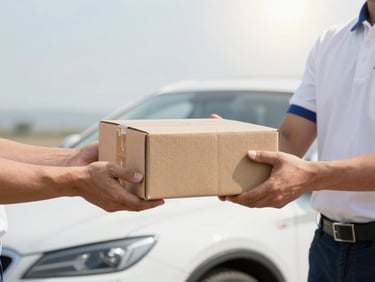 Close-up of a professional driver in a clean uniform handing over a cardboard package, bright natural morning sun.