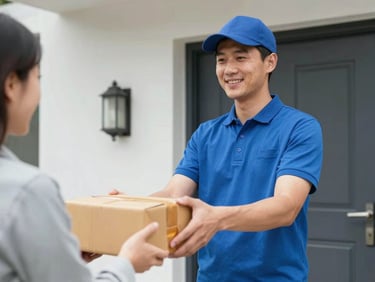 Medium close-up of a professional delivery driver in clean uniform handing over a package to a customer at a modern doorstep, natural daylight.