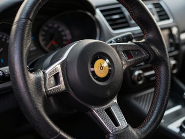 Macro detail of a vintage leather steering wheel and polished carbon fiber dashboard, low-key lighting