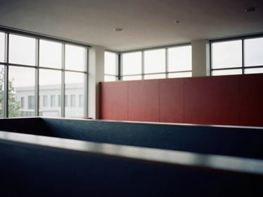 Interior of a modern government building, clean lines, muted tones, natural light streaming through large windows, 35mm film.