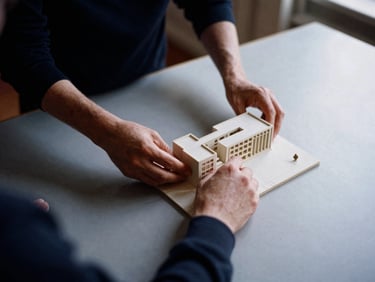 Overhead shot of hands reviewing an architectural model on a minimalist table, soft north-facing daylight, deep navy and muted crimson accents, warm editorial photography, 35mm film