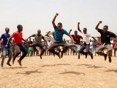 Young dancers mid-jump during an energetic street dance battle in Nguekhokh, dusty ground, bright natural light, action framing.