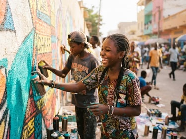Vibrant documentary photography of young Senegalese participants engaged in a graffiti workshop, bright natural sunlight, dynamic action framing, 35mm lens.