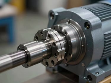 Technical close-up of a flexible shaft coupling installed between a motor and a gearbox, clean steel surfaces, precise alignment.