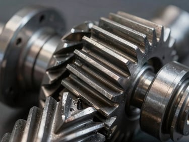 Macro shot of industrial spur and helical gears, sharp steel teeth interlocking, cool metallic finish with high-contrast lighting.