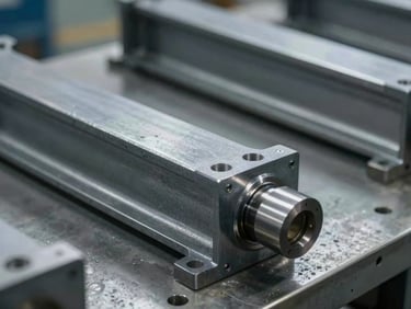 Close-up of custom-machined structural steel components on a clean factory floor, precise tolerances visible, high-contrast lighting.