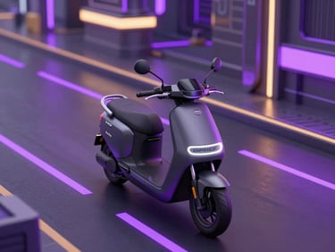 Sleek 3D render of a Bajaj GRide vehicle with glowing purple lines driving through a high-tech Indonesian smart city street