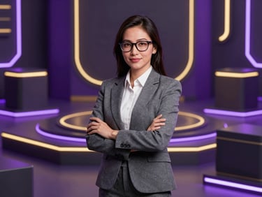 Professional corporate studio portrait of a female Indonesian technology executive, sleek glasses, modern tech background with gold accent lights.