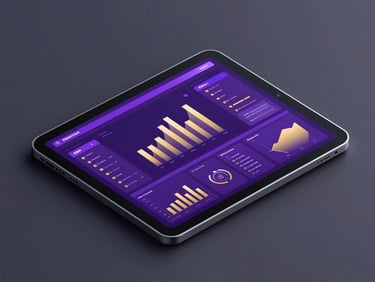 Modern 3D render of an enterprise ERP dashboard with purple and gold data charts displayed on a sleek tablet screen