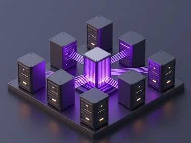 Isometric 3D render of secure cloud computing infrastructure with glowing purple fiber optic lines and data servers
