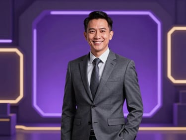 Professional corporate studio portrait of a male Indonesian operations director, warm confident smile, subtle dark grey and purple studio lighting.