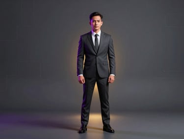 Professional corporate studio portrait of a male Indonesian executive in a dark suit, subtle neon purple and gold backlighting, highly professional.