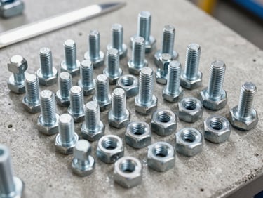 Close-up overhead of a steel bolt and nut assortment sorted by grade on a concrete surface, bright even warehouse fluorescent lighting, sharp detail on thread pitch and grade markings