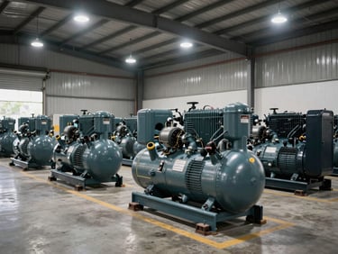 Wide shot of industrial equipment — compressors and generators — parked in an organized loading bay under bright overhead warehouse lights, equipment nameplates visible