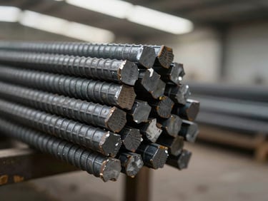 Head-on close-up of bundled deformed steel bars showing grade markings and ribbed texture, even warehouse fluorescent light, steel-silver accent on bar edges