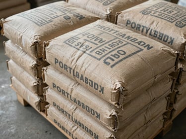 Close-up overhead shot of stacked Portland cement bags on a concrete floor, paper sack texture and grade markings clearly visible, bright even warehouse fluorescent lighting, no people