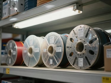 Close-up of electrical conduit, wire spools, and panel components arranged on a warehouse shelf, bright fluorescent overhead light, product labels clearly visible