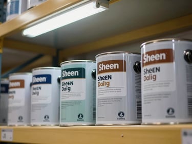 Close-up of paint cans and finish coat buckets on warehouse shelving, labels showing sheen and coverage specs clearly, bright fluorescent overhead light, no people