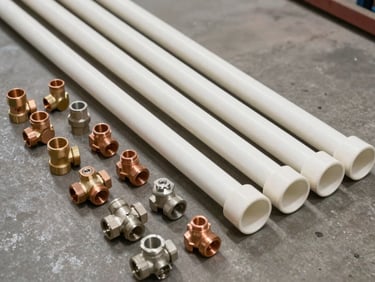 Overhead shot of PVC pipes, copper fittings, and valves laid out on a concrete floor in a warehouse, organized by diameter, bright even fluorescent lighting, no people