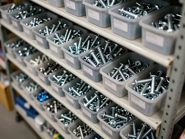 Overhead view of organized hardware supplies — bolts, anchors, fasteners in labeled bins on steel shelving, bright even fluorescent light, dense inventory depth visible