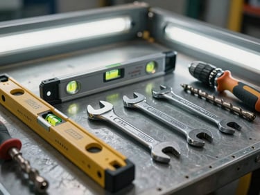 Close-up of construction hand tools — levels, wrenches, drill bits — arranged on a steel work surface under sharp warehouse fluorescent light, tool markings and sizes visible